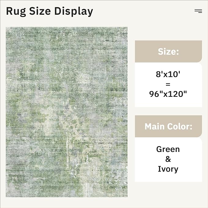Soalmost Abstract Rug 8x10 Large Living Room Area Rugs Washable Green/Ivory | Modern Non-Slip Carpet for Dining Bedroom, Stain Resistant Foldable Thin Low Pile Floor Mat Under Table Home Office Decor