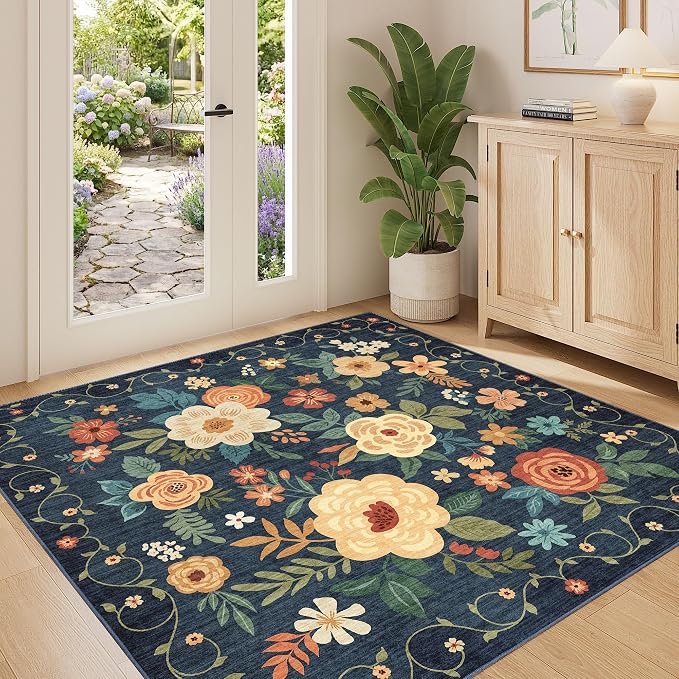 DUKINO 4x4 Square Area Rug, Floral Washable Rug for Entryway, Navy Blue | Soft, Low Pile, Floral Indoor Circle Rug for Bedroom, Kitchen, Nursery, Living Room, Pet Friendly, Home Decor, Lightweight