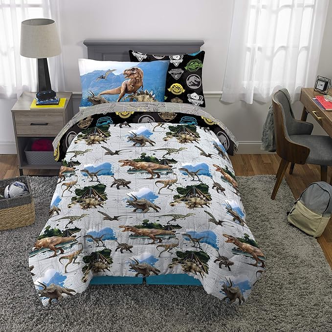 Franco Kids Bedding Super Soft Comforter and Sheet Set with Sham, 5 Piece Twin Size, Jurassic World,6A1348