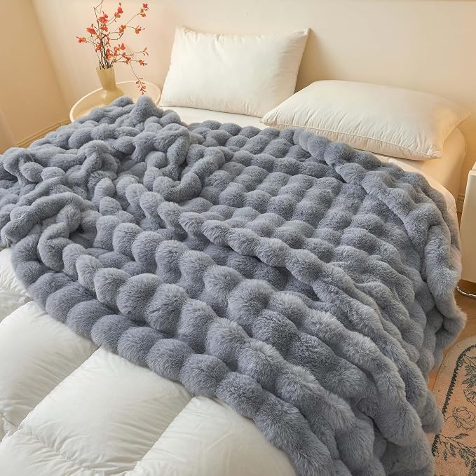 LIFEREVO Luxury Fluffy Faux Rabbit Fur Throw Blanket 50x60, Gray | Plush Shaggy Bubble Blanket for Bed Couch Sofa Office, Decorative Soft Cute Furry Lap Throw for Kids Teens Adults, Washable