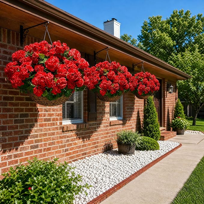 Artificial Geraniums Fake Flowers for Outdoors Decoration, 6 Bundles Silk Geraniums Red Flower UV Resistant Look Real Faux Plants for Front Door Garden Porch Planter Patio Balcony Yard Indoor Home