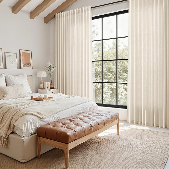 Linen Curtains for Living Room 102 Inches Long Modern Farmhouse Decor Light Filtering Semi Sheer Curtain Back Tab Luxury Neutral Rustic Floor to Ceiling High Window for Bedroom 52x102, 2 Panels