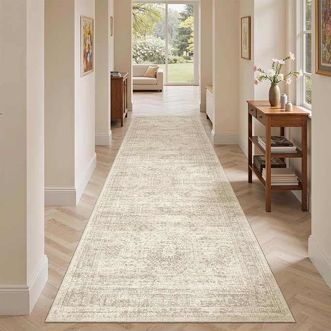 Soalmost Washable Runner Rug 2'6"x8' Kitchen Hallway Runners Beige | Soft Non-Slip 2.5x8ft Carpet for Entryway Bathroom, Low Pile Vintage Foldable Floor Mat for Corridor Laundry Room Bedroom