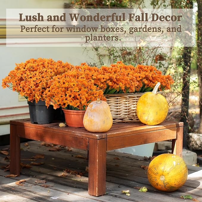 ColoPlay Artificial Mums for Outdoors, 72 Bundles Fake Flowers Fall Decor | Fake Fall Flowers Faux Mums for Outdoor Planters, UV Resistant Artificial Plants for Home Garden Porch Farmhouse(Orange)