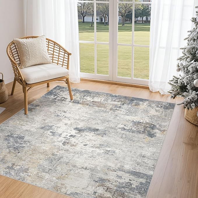 UERMEI Square Area Rugs : Washable 5x5 Neutral Modern Abstract Carpet for Living Room Bedroom - Soft Floor Mat with Non Slip Backing for Kitchen Nursery Dorms Farmhouse Home Decor - Blue Grey