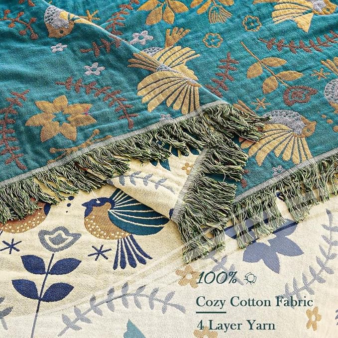 XIBLC Boho Throw Blanket, 100% Cotton Ultra Soft Luxury Throw Rustic Quilt, 50"x60" Floral Printed Farmhouse Decor Bed Summer Blankets, All Season Reversible Bohemian Throw for Bed