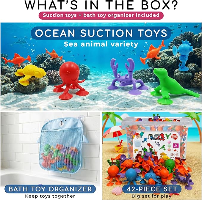 ODELA Genius Sucker Toys 42PCs Sea Animals Edition – Fun Colorful Toddler Bath Toy Animal Toys for Toddlers 1-3 – Safe and Durable Materials – Educational and Cute Designs – Ideal for Bath Time, Pool