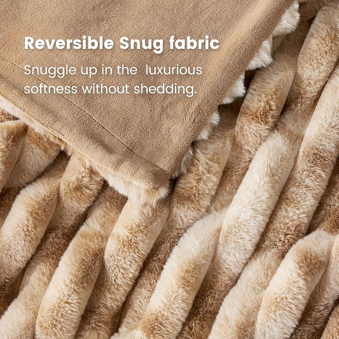 Cozy Bliss Faux Fur Throw Blanket for Couch, Cozy Warm Plush Striped Blanket for Sofa Bedroom Living Room, 60 * 80 Inches Tie-dye Khaki
