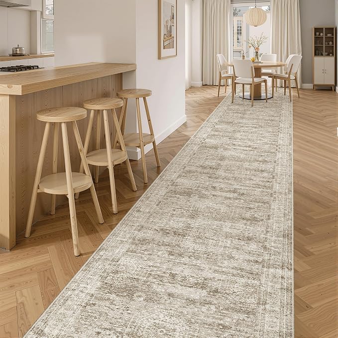 Soalmost Hallway Runner Rug 2'6" x 14' Washable Long Kitchen Rugs Brown | Non-Slip Vintage Runners 2.5x14ft for Bathroom Entryway, Thin Low-Pile Foldable 14 ft Floor Carpet Mat for Corridor Bedroom