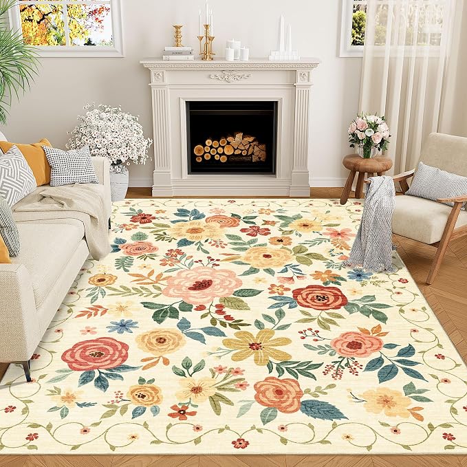 DUKINO 9x12 Area Rug for Living Room, Washable Rug Non Slip, Beige Yellow | Soft, Low Pile, Floral Indoor Large Rug for Bedroom, Dining Rom, Kids Playroom, Office, Pet Friendly, Home Decor, Lightweight