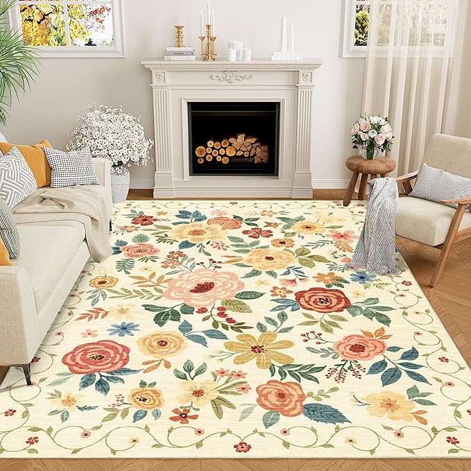 DUKINO 5x7 Area Rug Floral Washable Living Room Rug Non Slip Beige Yellow | Soft, Low Pile, Stain Resistant Indoor Rug for Bedroom, Dining Room, Office, Pet Friendly, Lightweight, Modern Home Decor