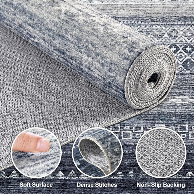 Nakagishi Boho 6x9 Area Rug Living Room Rugs Machine Washable Blue | Soft, Pet & Kid Friendly, Carpet for Living Room/Bedroom/Office/Kitchen/Nursery, Daily Home Decor Stain Resistant Moroccan