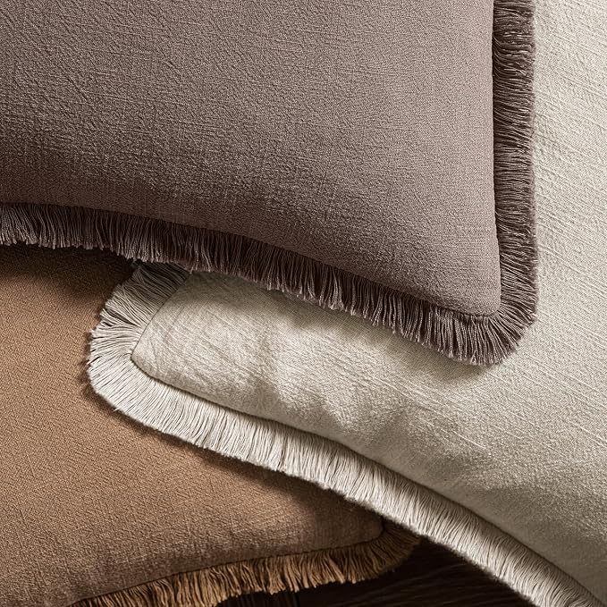 MIULEE Linen Fringe Decorative Fall Throw Pillow Covers Malt Ball 18x18 | Set of 2, Cottagecore Decor, Boho Farmhouse Neutral Pillow Covers, Rustic Fall Couch Cushion Cases for Sofa Bed Living Room
