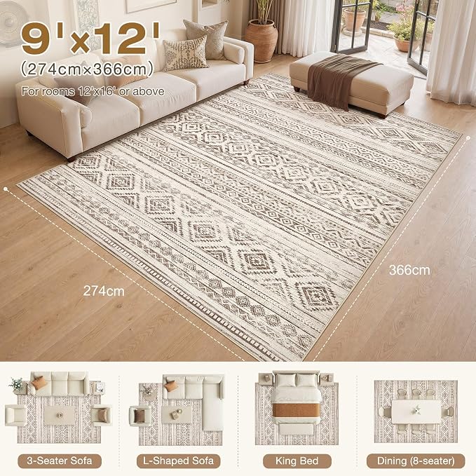 cotiled 9x12 Area Rugs Living Room Rug: Washable Boho Rugs with Non Slip Backing Large Soft Indoor Stain Resistant Carpet for Bedroom Farmhouse Dining Room Lightweight Home Decor Dark Brown