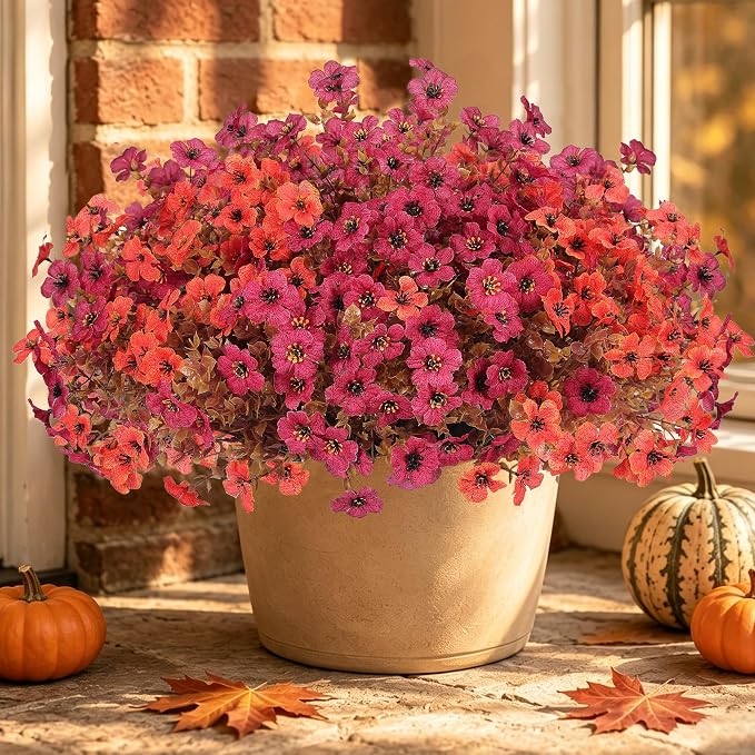 Artificial Fake Mums Flowers Plants for Outdoors Autumn Decorations,12 Bundles Faux Mums Silk Daisy Fall Flowers Plant UV Resistant Look Real for Outside Planters Porch Front Yard Home Orange Burgundy