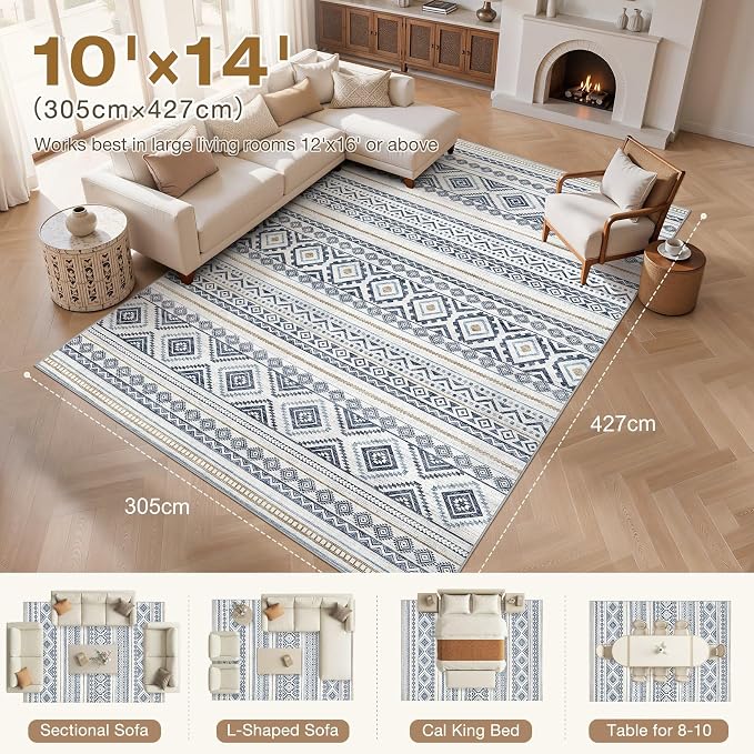 cotiled 10x14 Area Rugs Living Room Rug: Washable Boho Rugs with Non Slip Backing Large Soft Indoor Stain Resistant Carpet for Bedroom Farmhouse Dining Room Lightweight Home Decor Blue