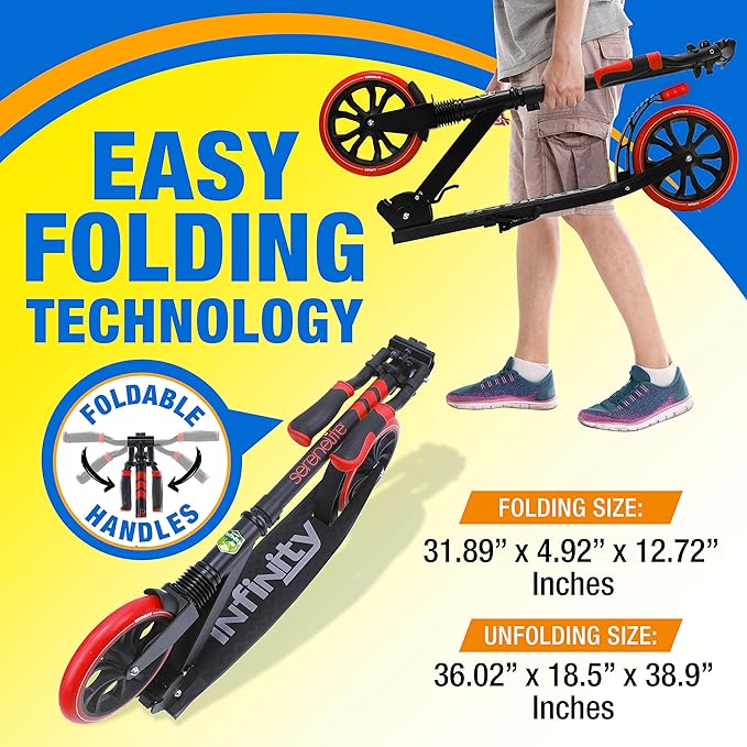 SereneLife Two Wheel Scooter for Teens, Smooth Gliding Kick Scooter for Adults w/Adjustable Height for Ages 8+, Portable All Terrain Scooter w/Carry Straps, Easy to Fold