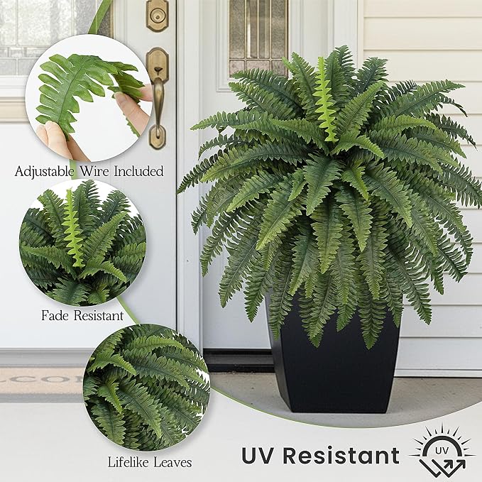 FOREST PRINCE 42" Artificial Boston Fern Large Bush Plants, 2 Bundles of Fake Ferns with 65 Fronds for Outdoors Home Decor