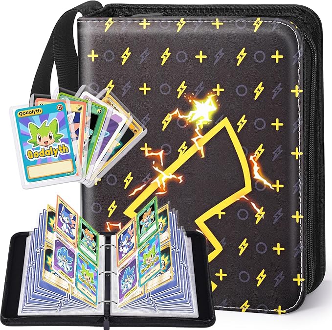 Card Binder – 4 Pocket Zipper Collection Album, Premium PU Holder, Double-Sided Display for 400 Cards, Includes 5 Hard Plastic Sleeves for Game Cards, Sports Cards（Lightning）