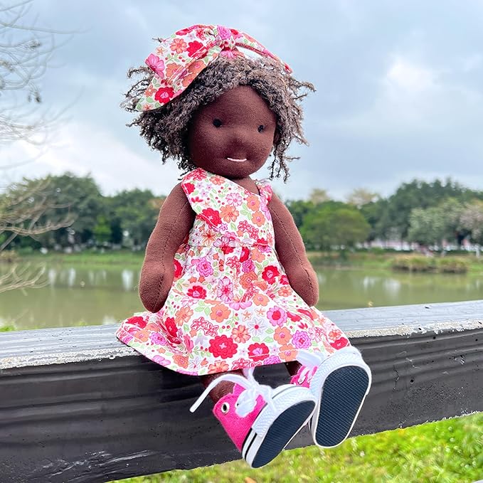 Handmade Birthday Present for Girl Black Doll Waldorf Collect Rag Doll with Exquisite Box-Dezi 12"