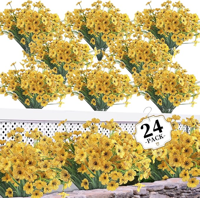 ColoPlay 24 Bundles Yellow Artificial Flowers for Outdoors, Fake Flowers | Fake Fall Flowers Faux Mums for Outdoor Planters, UV Resistant Fall Decoration for Home Garden Porch Wedding Farmhouse