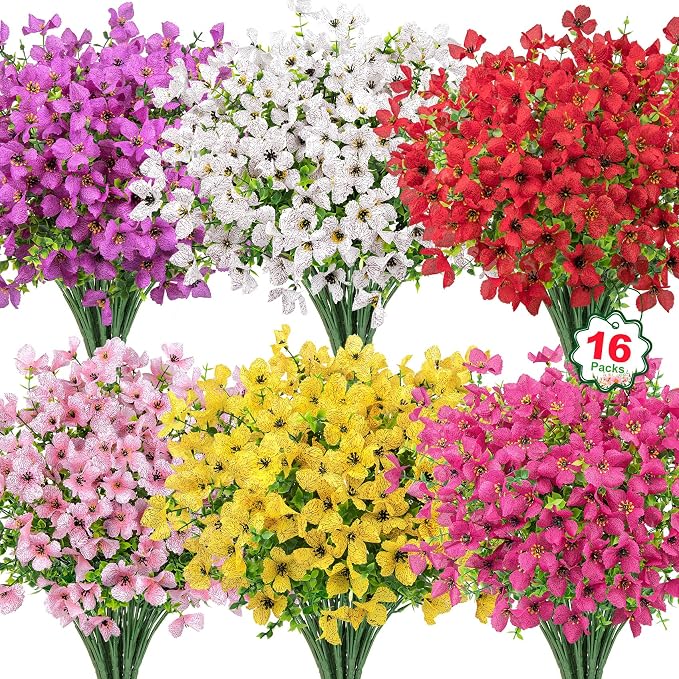 Ouddy Decor 16 Pcs Multicolor Artificial Flowers for Outdoors Decorations | Realistic, silk flowers, faux plastic plants, UV resistant, for summer garden porch window vase indoor outdoor home decor