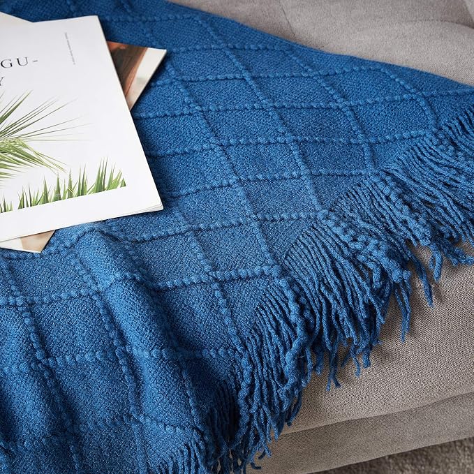 BOURINA Royal Blue Throw Blanket 60x80Inch Knitted Soft Throw Sofa Blanket | Knitted Throw Blanket 60x80 Inches, Soft Lightweight Boho Weave Throw Decorative Couch Blanket for Living Room Bedroom Chair