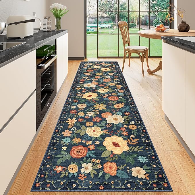 DUKINO 2.6x10 Hallway Runner Rug Washable Kitchen Rugs Non Slip, Navy Blue | Soft, Low Pile, Floral Indoor Floor Rug Runner for Entryway, Bedroom, Bathroom, Laundry, Pet Friendly, Home Decor, Ultra-Thin