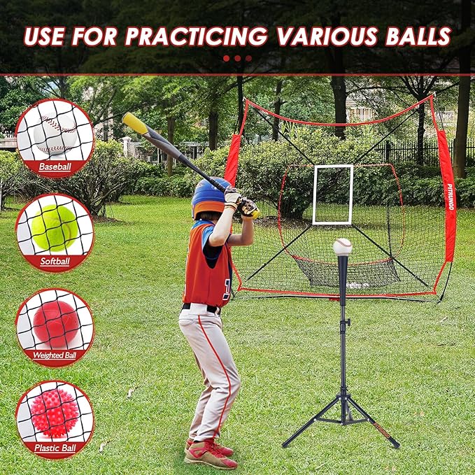Baseball Softball Tee Batting Tee for Hitting T tee Ball Set Stand Baseball Softball Hitting Pitching Screen Net for Kids Teens Batting Net Set Training Equipment W/Carry Bag for Outdoor