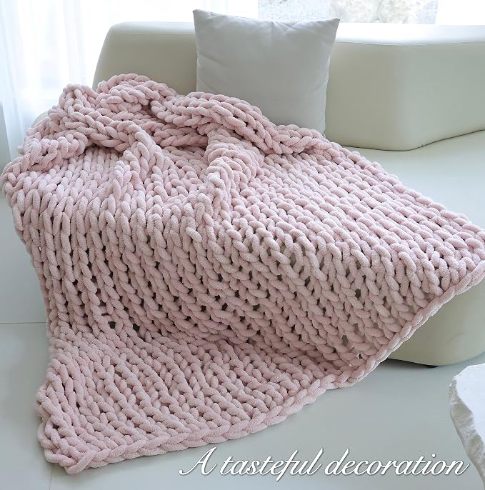 Maetoow Chenille Chunky Knit Blanket Throw （60×80 Inch）, Handmade Warm & Cozy Blanket Couch, Bed, Home Decor, Soft Breathable Fleece Banket, Christmas Thick and Giant Yarn Throws, Light Pink