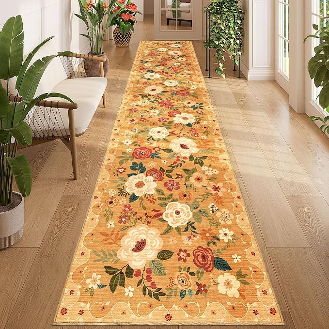 DUKINO 2.6x12 Kitchen Runner Rug, Floral Non Slip Long Washable Rug, Orange | Low Pile, Stain Resistant, Soft Indoor Rug Runner for Hallway, Entryway, Bedroom, Bathroom, Laundry, Pet Friendly, Home Decor