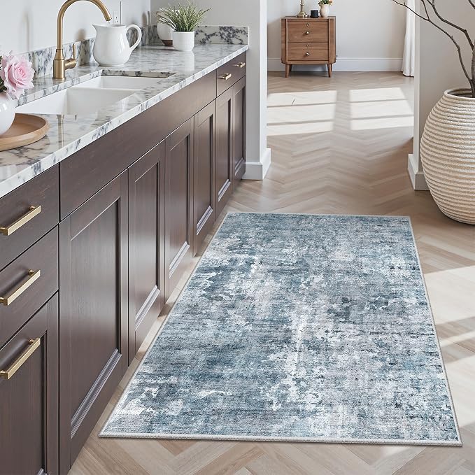 Soalmost Abstract 3x4 Rugs, Small Washable Area Rug for Entryway Blue/Grey | Vintage Low Pile Carpet for Nursery Coffee Table Bathroom, Foldable Stain Resistant Indoor Door Mat Entrance Powder Room