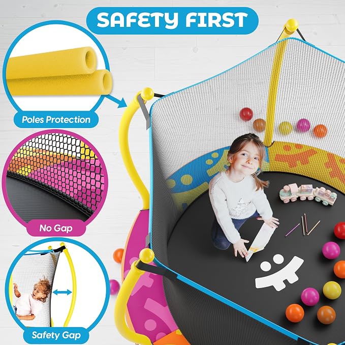 Happin® 55’’ Trampoline for Kids with Safety Enclosure, Indoor & Outdoor Toddler Trampoline, Ultra Safe Design with Multi Activity Accessories, Perfect Toddler Gift for Boys & Girls Ages 1–8