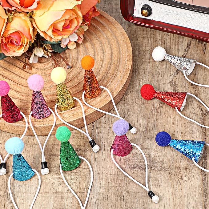 10PCS Small Birthday Hats for Stuffed Animals, Small Party Hats for Stuffed Animals, Dogs, Cats, Adjustable Tiny Hat with Pom Poms, Holiday Birthday Costume Accessories