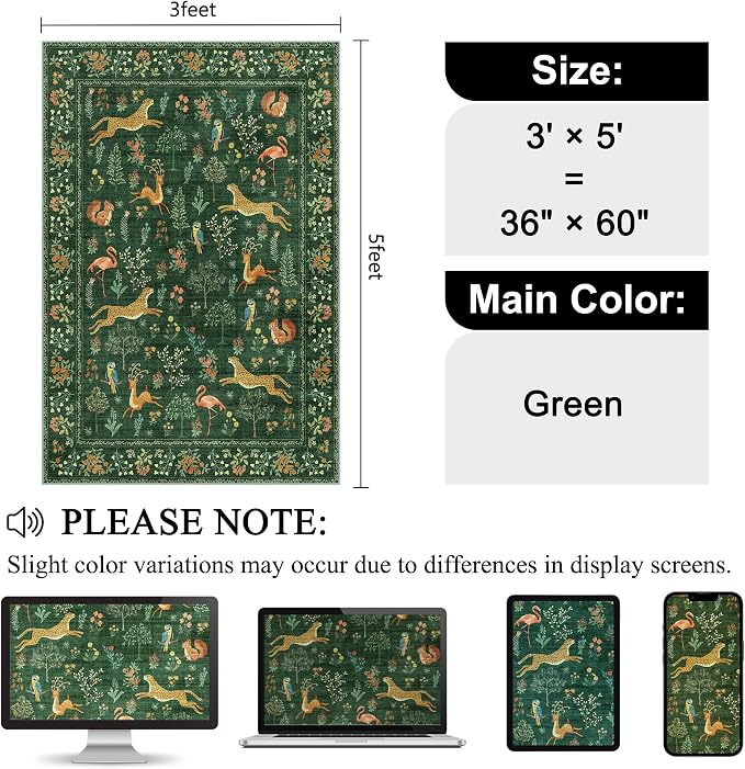 DUKINO 3x5 Rug, Washable Animal Area Rug for Bedroom Non Slip, Green | Low Pile, Stain Resistant, Soft Indoor Carpet for Living Room, Kitchen, Dining Room, Nursery, Lightweight, Pet Friendly