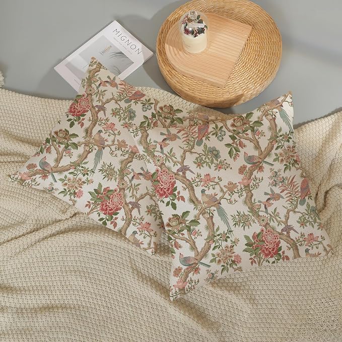 Chinoiserie Pillow Covers 16x16 Set of 2 Pink Green Bird Floral Throw Pillows Vintage Pink Flower Bird Decorative Pillow Cases Outdoor Chinoiserie Decor Farmhouse Cushion Case for Couch Sofa