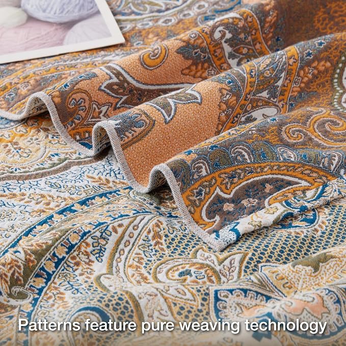 100% Cotton Boho Throw Blanket for Home Decor – Classic Farmhouse Quilt Bedding, Muslin Blankets for Adults, Vintage Woven Decorative Blanket for Couch, Bed Layering Use, Paisley Pattern, 104"x90"
