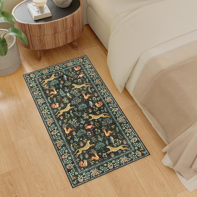 DUKINO 2x4 Rug for Entryway, Animal Washable Runner Rug for Kitchen, Black | Non Slip, Low Pile, Stain Resistant Thin Indoor Carpet for Hallway, Bedroom, Bathroom, Laundry, Pet Friendly, Non-Shedding