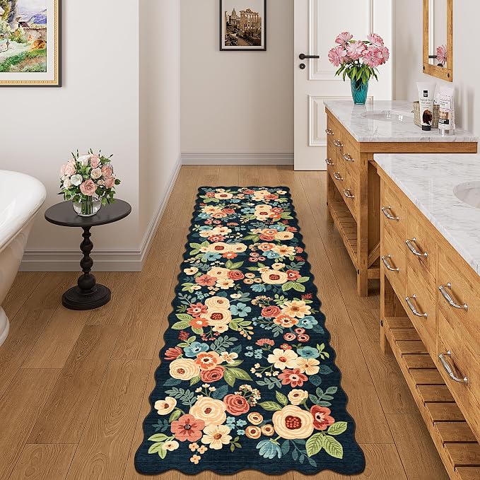 DUKINO 2x7 Runner Rug for Hallway, Floral Washable Kitchen Rug, Navy Blue | Low Pile, Stain Resistant, Soft Throw Carpet Runner for Entryway, Bedroom, Bathroom, Laundry, Pet Friendly, Modern Home Decor