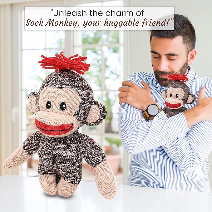 Plushland Adorable Sock Monkey, The Original Traditional Hand Knitted Stuffed Animal Toy Gift-for Kids, Babies, Teens, Girls and Boys Baby Doll Present Puppet 6 Inches (Curioso)
