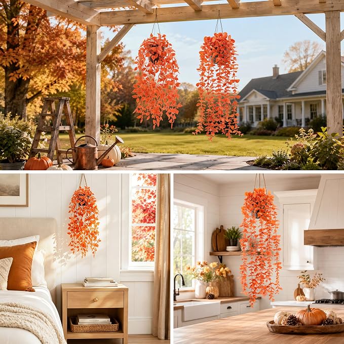 Der Rose 2Pcs Fake Fall Hanging Plants for Home Bathroom Wall Outdoor | Orange artificial hanging plants for autumn decor accents, fall bathroom and kitchen decor, porch, patio and covered decor