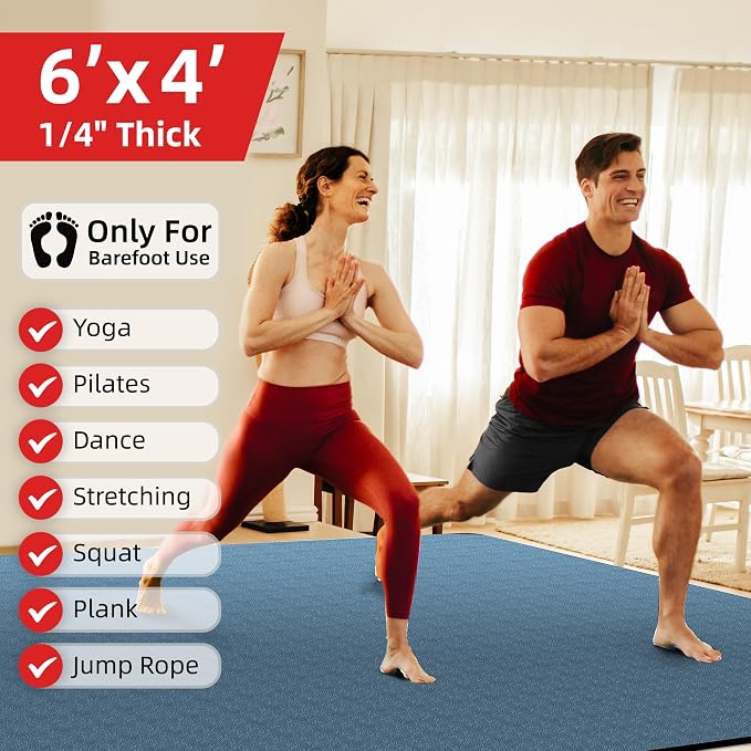 Extra Large Yoga Mat – 72"x48" or 78"x57", 1/4"–1/2" Thick Mat for Women & Men, TPE Non-Slip Pilates Mat for Home Gym, Yoga, Stretching, Meditation