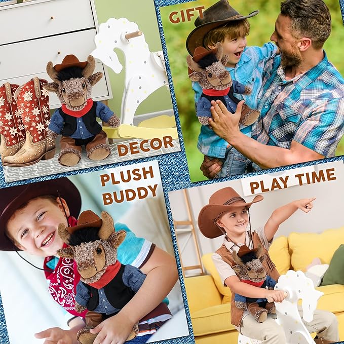 DolliBu Sitting Buffalo Stuffed Animal Cowboy Plush with Name Personalization - Western-Themed Buffalo Plush with Cute Cowboy Costume Denim Shirt Vest, Bandana, Leather Pants, and Hat - 8.5 Inches