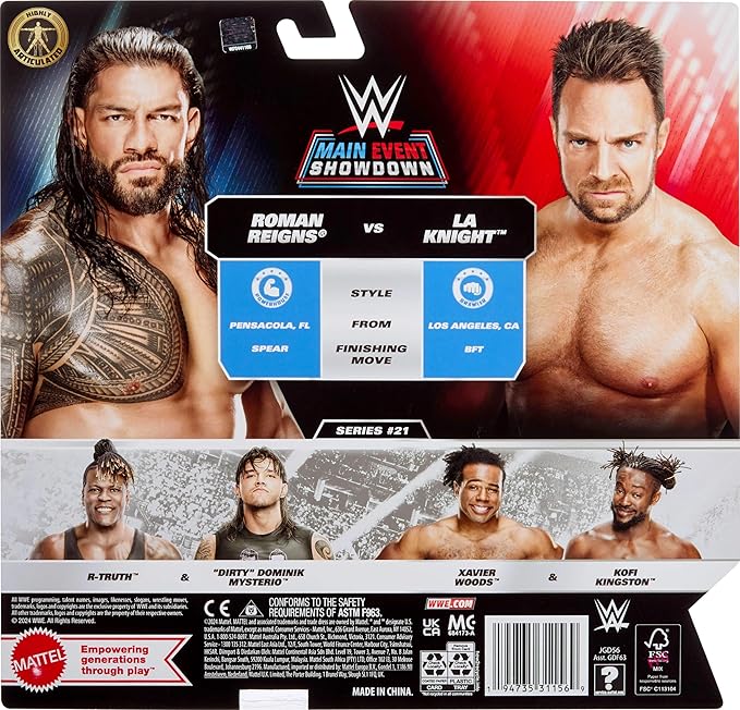 Mattel WWE Main Event Showdown Action Figures 2-Pack with Accessory, Series #21 Roman Reigns vs LA Knight Collectible Set, 6-inch