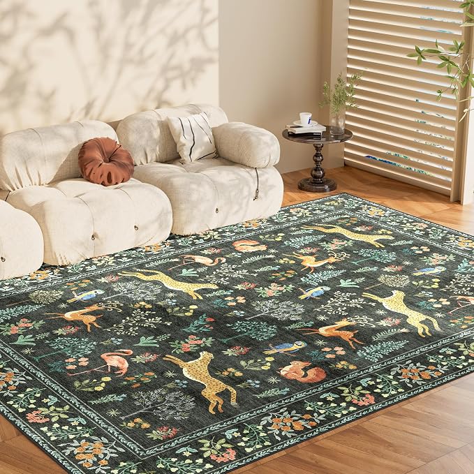 DUKINO 5x7 Area Rugs, Washable Animal Rug for Living Room Non Slip, Black | Low Pile, Soft Indoor Carpet for Bedroom, Kids Room, Dining Room, Pet Friendly, Farmhouse, Stain Resistant, Non-Shedding