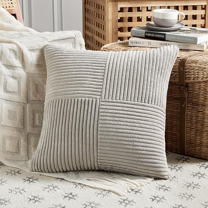Fancy Homi 2 Packs Neutral Grey Euro Decorative Throw Pillow Covers 26x26 Inch for Couch Bed Sofa, Rustic Farmhouse Boho Home Decor, Soft Corss Corduroy Patchwork Textured Square Cushion Case 66x66 cm