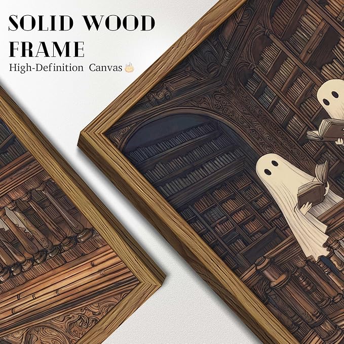 Framed Halloween Ghost Wall Art, Vintage Cute Ghost Reading Canvas Wall Decor Paintings, Dark Academia Book Artwork Poster Print Picture for Library Bedroom Living Room 16x24 Inch