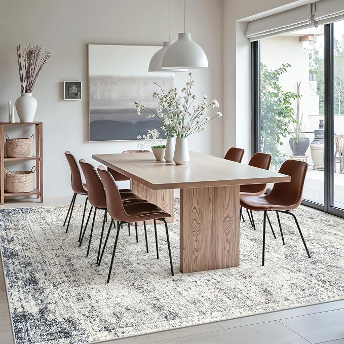Soalmost 7x10 Area Rug for Living Room Washable Rugs Non-Slip Blue/Ivory | Low-Pile Vintage Carpet for Dining Bedroom, Foldable Thin Stain Resistant Floor Mat Under Table Home Office Nursery Decor