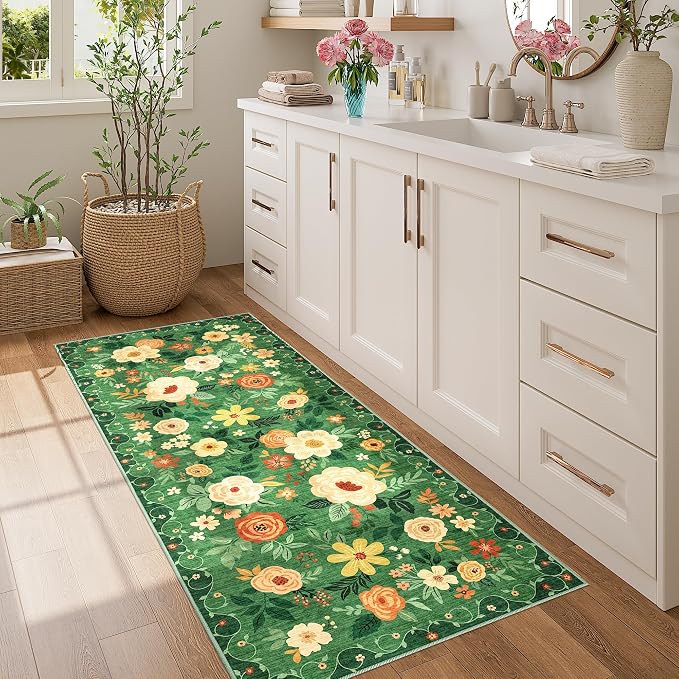 DUKINO 2x5 Runner Rug, Floral Washable Rug for Kitchen Non Slip, Dark Green | Low Pile, Soft, Stain Resistant Indoor Rug Runner for Entryway, Hallway, Bedroom, Bathroom, Laundry, Pet Friendly, Home Decor