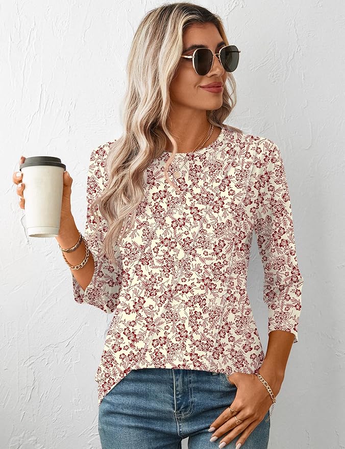 LOMON 3/4 Length Sleeve Womens Tops Spring Summer Fashion 2026 Tops Crew Neck Pleated Shirts Tunic Top Loose Fit